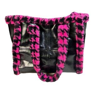 Women's Black Faux Leather & Pink Fur Tote Handbag